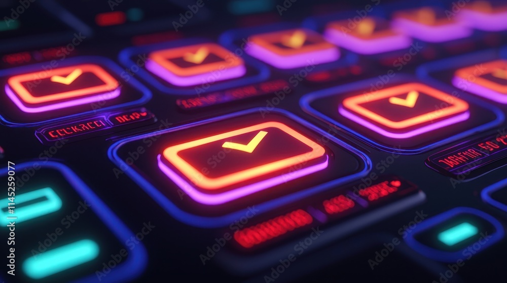 Poster neon keyboard close-up with colorful check mark icons