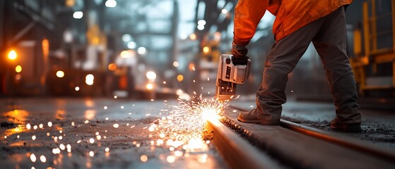 Worker grinding metal rail sparks.