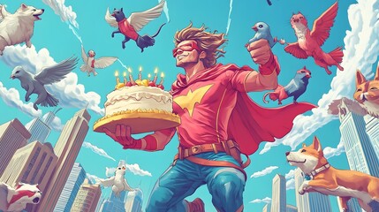 A superhero warrior with windswept hair holding a cake shaped like a cityscape surrounded by flying dogs cats and pigeons. Caricature style.