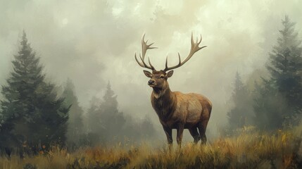 Ciervo en un paisaje brumoso
