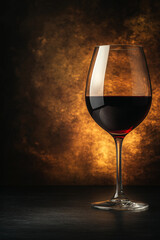 Tall wine glass with deep red wine on polished wooden surface, black-to-gray gradient background, dramatic lighting, high resolution highlighting wine color and glass reflections.