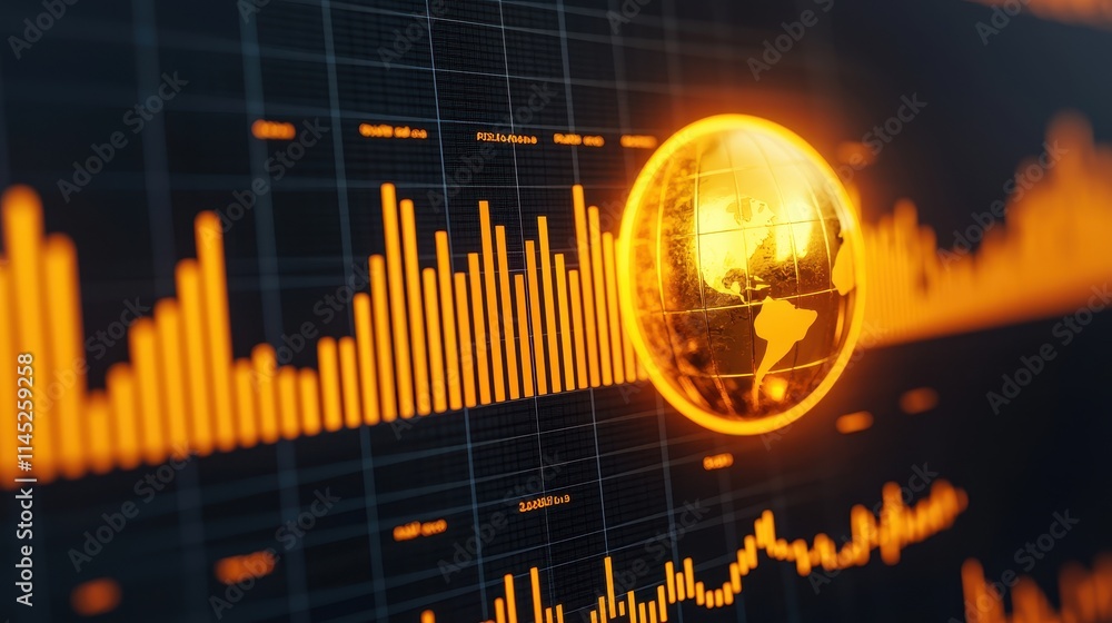 Poster golden globe overlaid on data visualization background of charts