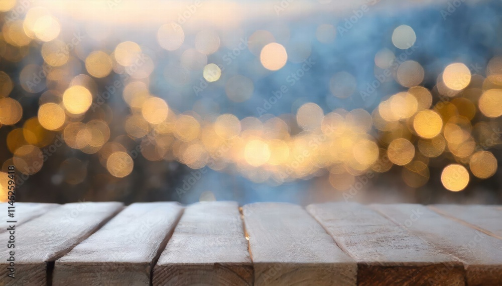 Poster elegant wooden table in front of a blurred background with beautiful bokeh lights, perfect for showc