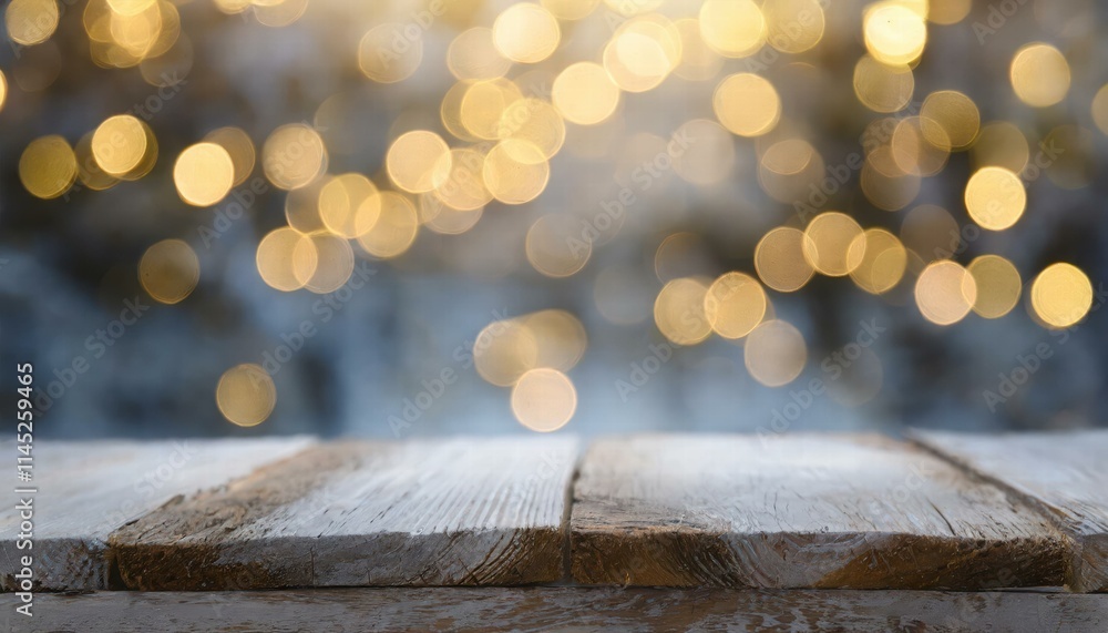 Poster elegant wooden table in front of a blurred background with bokeh lights a stunning highquality photo