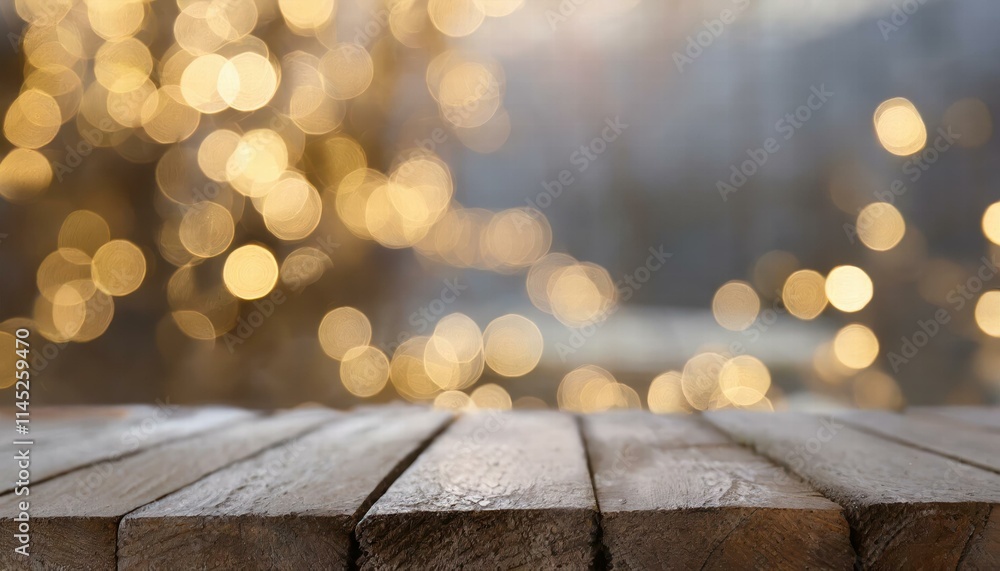 Poster elegant wooden table in front of a blurred background with bokeh lights a highquality image capturin
