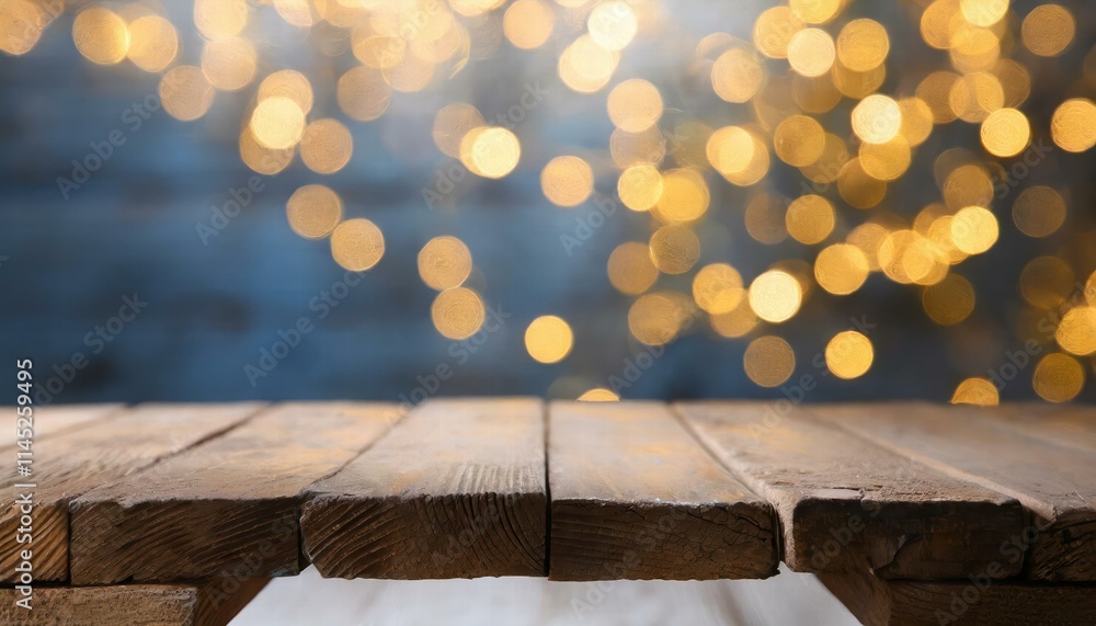Poster elegant wooden table in front of a blurred background with beautiful bokeh lights a captivating high