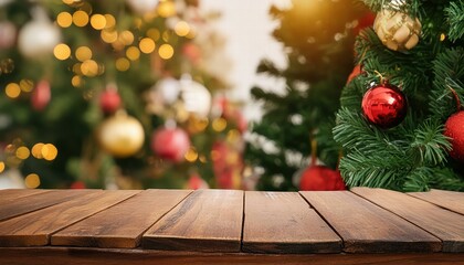 Elegant Wooden Table Top Mockup with Festive Christmas Tree Background Perfect for Showcasing Your Holiday Products and Decorations in a Warm, Inviting Atmosphere