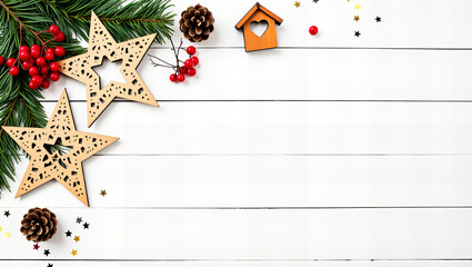 Rustic Christmas Decorations on White Wooden Background