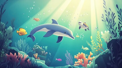 Fototapeta premium A vibrant underwater scene featuring a dolphin and various colorful fish among coral reefs.
