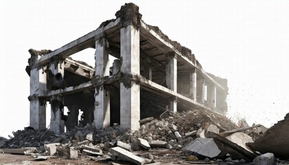 Wrecked Building Panorama Featuring Concrete Debris and a Massive Beam on an Isolated White Background Capturing the Essence of Urban Decay and Architectural Ruin in Striking Detail