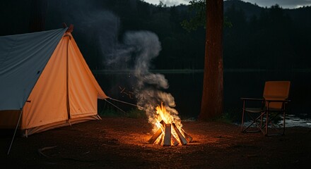 A serene lakeside camping setup with a tent and a crackling campfire