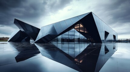 A modern architectural structure with angular shapes and reflective surfaces under a cloudy sky.