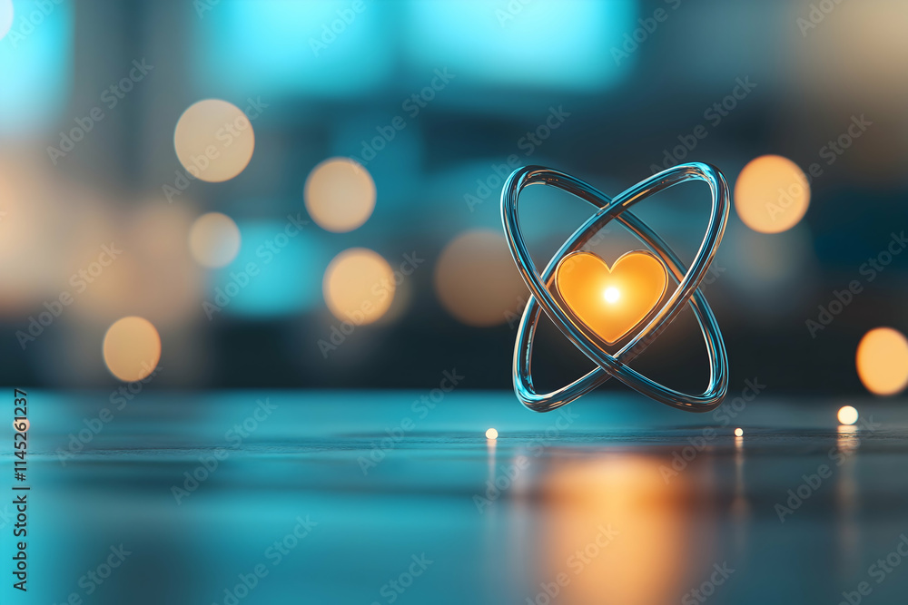 Poster a glowing heart encased in a metallic atomic structure, set against a blurred background with soft b