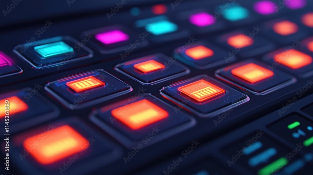 Poster vibrant control buttons on modern digital interface in close-up