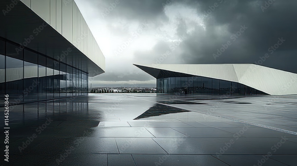 Poster modern architectural structures reflect on a wet surface under dramatic clouds.