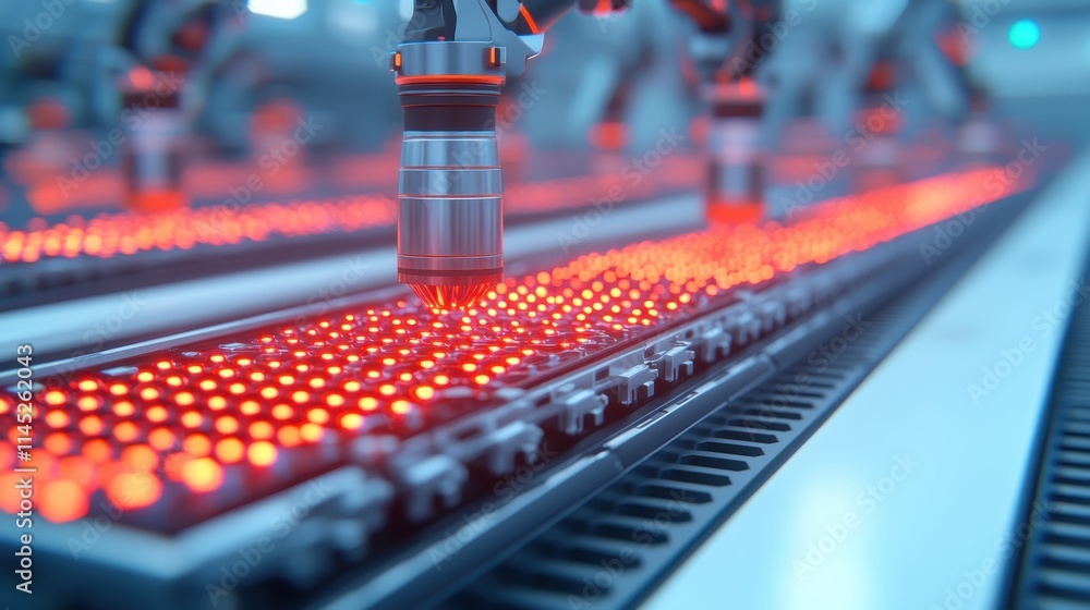 Poster robotic arm engaging in precision work with led lights in factory