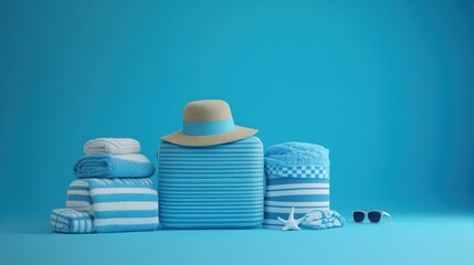 A vibrant beach setup featuring towels, a hat, and sunglasses against a blue background.