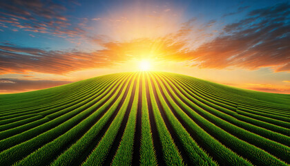 Glowing lines divide serene landscape of green hills under a beautiful sunset