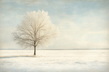 Fototapeta premium Solitary white tree stands tall in a pristine snowy meadow under a serene winter sky