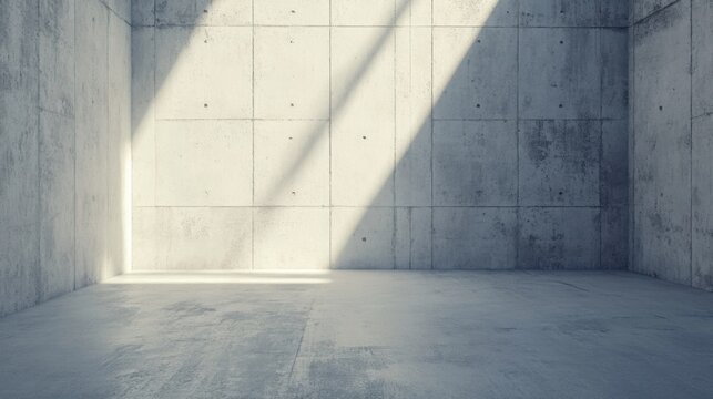 Habitaci&oacute;n vac&iacute;a con luz natural y sombras en las paredes de concreto
