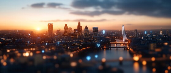 Fototapeta premium Sunset over a city skyline, showcasing modern architecture and lights.