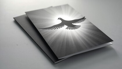 Black and white funeral program with a dove and radiant light design on a soft gray background for memorial ceremonies