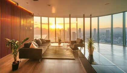 Modern High Penthouse Living Room with Large Windows A Stunning Generative AI Creation Showcasing Contemporary Design, Luxurious Furnishings, and Captivating City Views for Your Virtual Meetings
