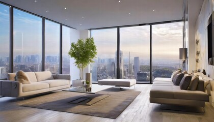 Modern High Penthouse Living Room with Large Windows A Stunning Generative AI Artwork Capturing Luxury and Elegance in Urban Living Spaces, Perfect for Your Virtual Meetings and Gatherings.