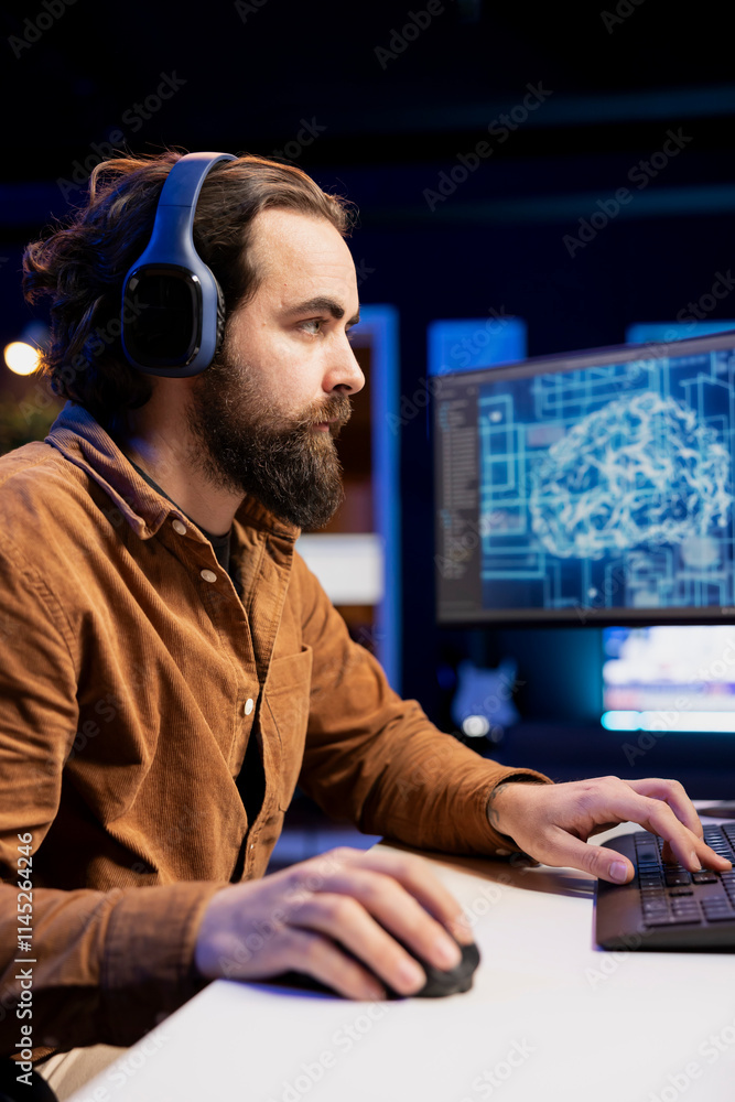 Poster freelancing developer listening audiobooks, building artificial intelligence neural networks compute