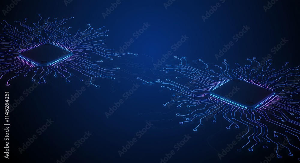 Poster advanced circuit board with glowing microchip and cpu. digital technology and electronics. integrate