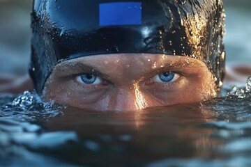 Male in a pool: swimmer close-up, aquatic skill, water splash, athletic effort, freestyle focus, rippling waves, diving motion, competitive edge, muscular form, swimming precision, fitness drive.