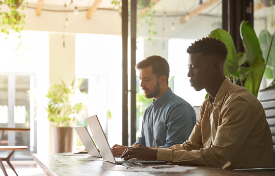 Business team of two busy successful professional business men executive working together in office using laptops computer technology managing data sitting in corporate office.