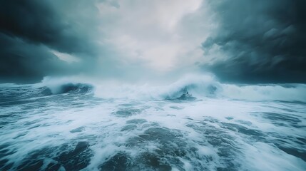 An expressive painting of a stormy sea with waves crashing onto the shore in dynamic swirling strokes of blue and white.