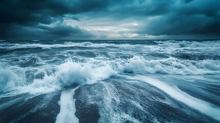 An expressive painting of a stormy sea with waves crashing onto the shore in dynamic swirling strokes of blue and white.