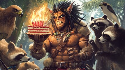 A barbarian warrior with wild hair holding a flaming birthday cake while surrounded by bears hawks and raccoons. Caricature style.