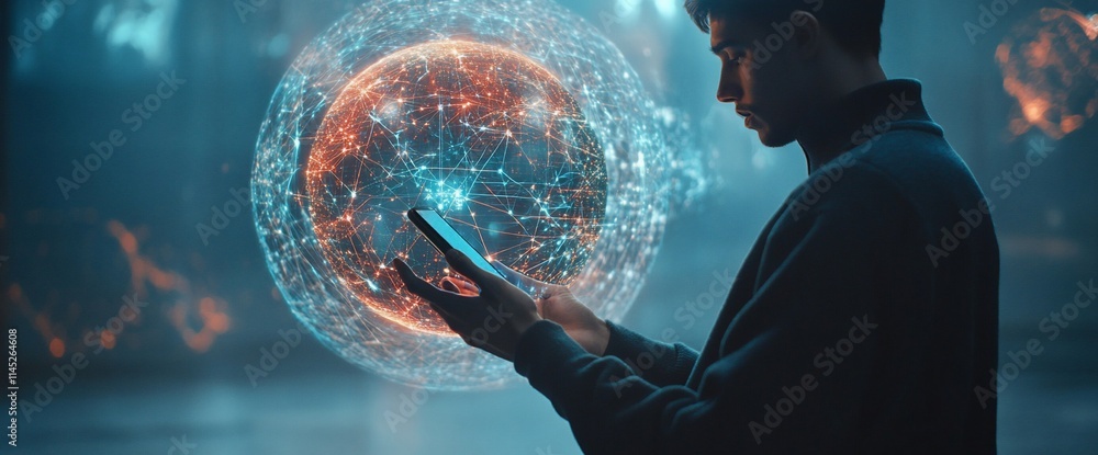 Poster a person interacting with a futuristic digital interface representing global data.