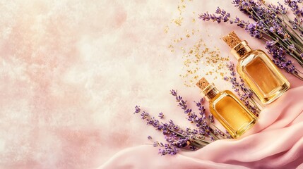 A set of small glass bottles with golden oil shimmering copper flakes and delicate lavender sprigs arranged on a light pink velvet backdrop.