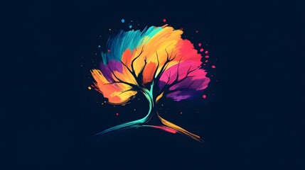 A bold logo with layered vibrant brushstrokes forming the outline of an abstract tree symbolizing creativity rooted in nature. Elegant style.