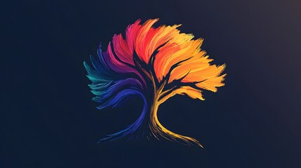 A bold logo with layered vibrant brushstrokes forming the outline of an abstract tree symbolizing creativity rooted in nature. Elegant style.