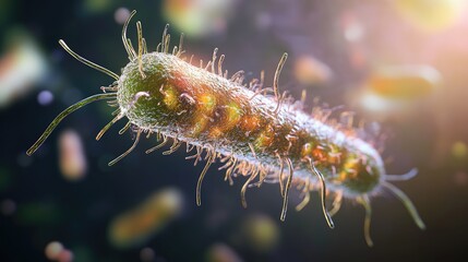 Fototapeta premium Isolated close-up of a bacterium with detailed flagella and 3D textures, bacteria, cellular microbiology 