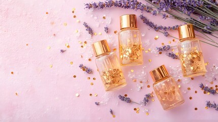 A set of small glass bottles with golden oil shimmering copper flakes and delicate lavender sprigs arranged on a light pink velvet backdrop.