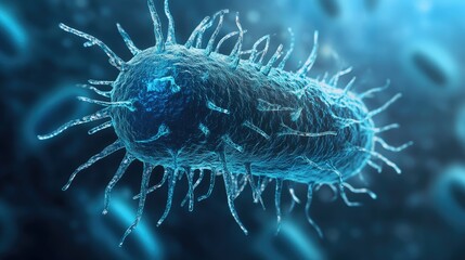 Obraz premium Isolated close-up of a bacterium with detailed flagella and 3D textures, bacteria, cellular microbiology 