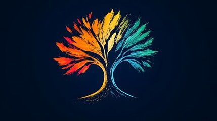 A bold logo with layered vibrant brushstrokes forming the outline of an abstract tree symbolizing creativity rooted in nature. Elegant style.