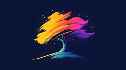 A bold logo with layered vibrant brushstrokes forming the outline of an abstract tree symbolizing creativity rooted in nature. Elegant style.