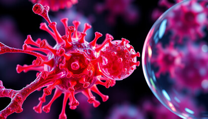 Obraz premium Close-up Macro Details of Red Blue Microbes, Molecules, Virus, and Bacteria: Medicine Concept