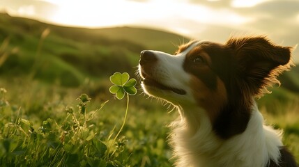 A bouncy border collie with a wagging tail sniffing a four-leaf clover it gently holds surrounded by rolling green hills.