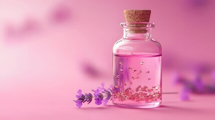 A single elegant glass bottle with a cork containing lavender oil and floating copper flakes spotlighted on a hot pink backdrop.