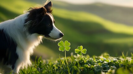 A bouncy border collie with a wagging tail sniffing a four-leaf clover it gently holds surrounded by rolling green hills.