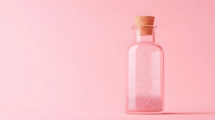 A single elegant glass bottle with a cork containing lavender oil and floating copper flakes spotlighted on a hot pink backdrop.