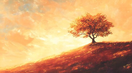 A breathtaking depiction of a lone tree on a hill its branches painted with golden leaves against a sunset sky in vibrant brushstrokes.